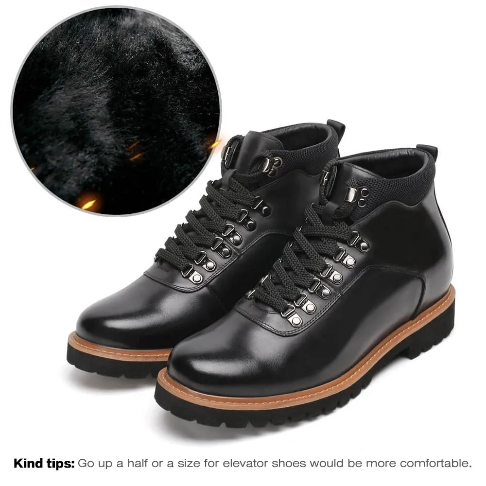 8CM / 3.15 Inches - CMR CHAMARIPA  Men's Height Increasing Boots Black Leather Lace Up Boots Fur Lined Winter Boots