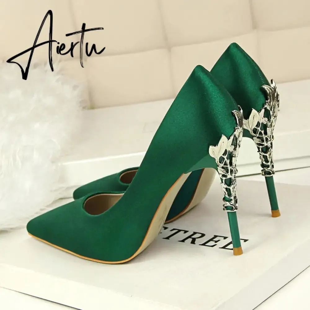 Aiertu  Metal Carved Wedding Bridal High Heels Solid Silk Shoes Pointed Toe Shallow Women Pumps Ladies Elegant High Heels 10cm