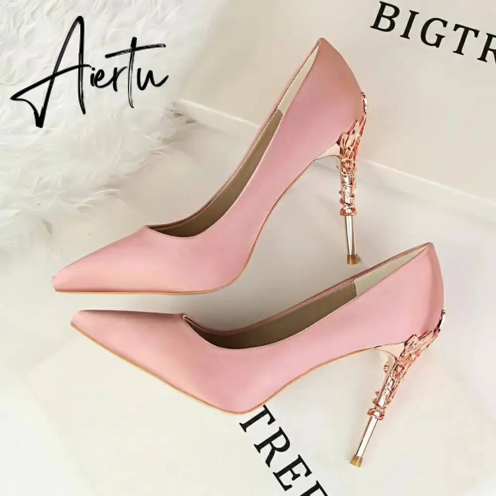 Aiertu  Metal Carved Wedding Bridal High Heels Solid Silk Shoes Pointed Toe Shallow Women Pumps Ladies Elegant High Heels 10cm