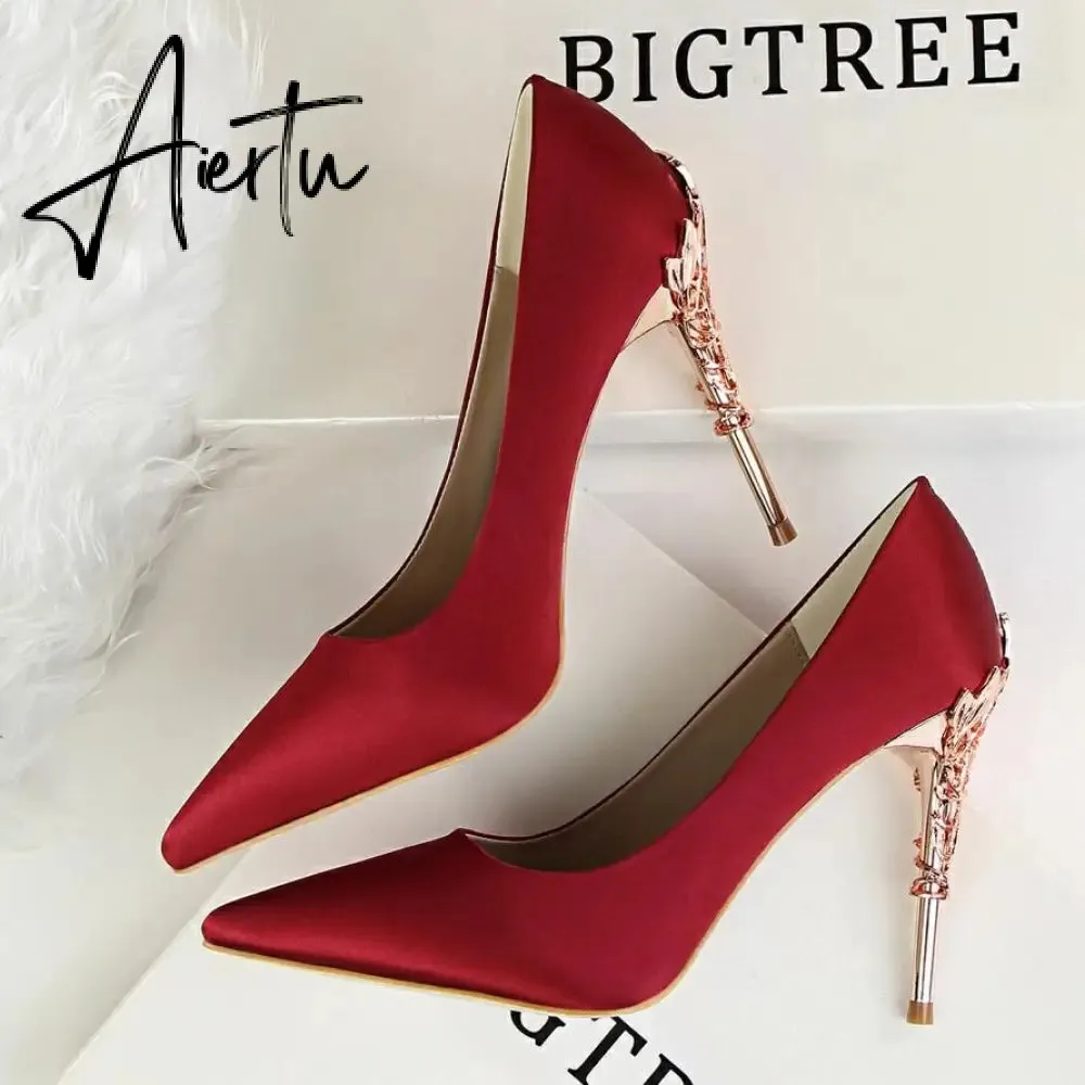 Aiertu  Metal Carved Wedding Bridal High Heels Solid Silk Shoes Pointed Toe Shallow Women Pumps Ladies Elegant High Heels 10cm