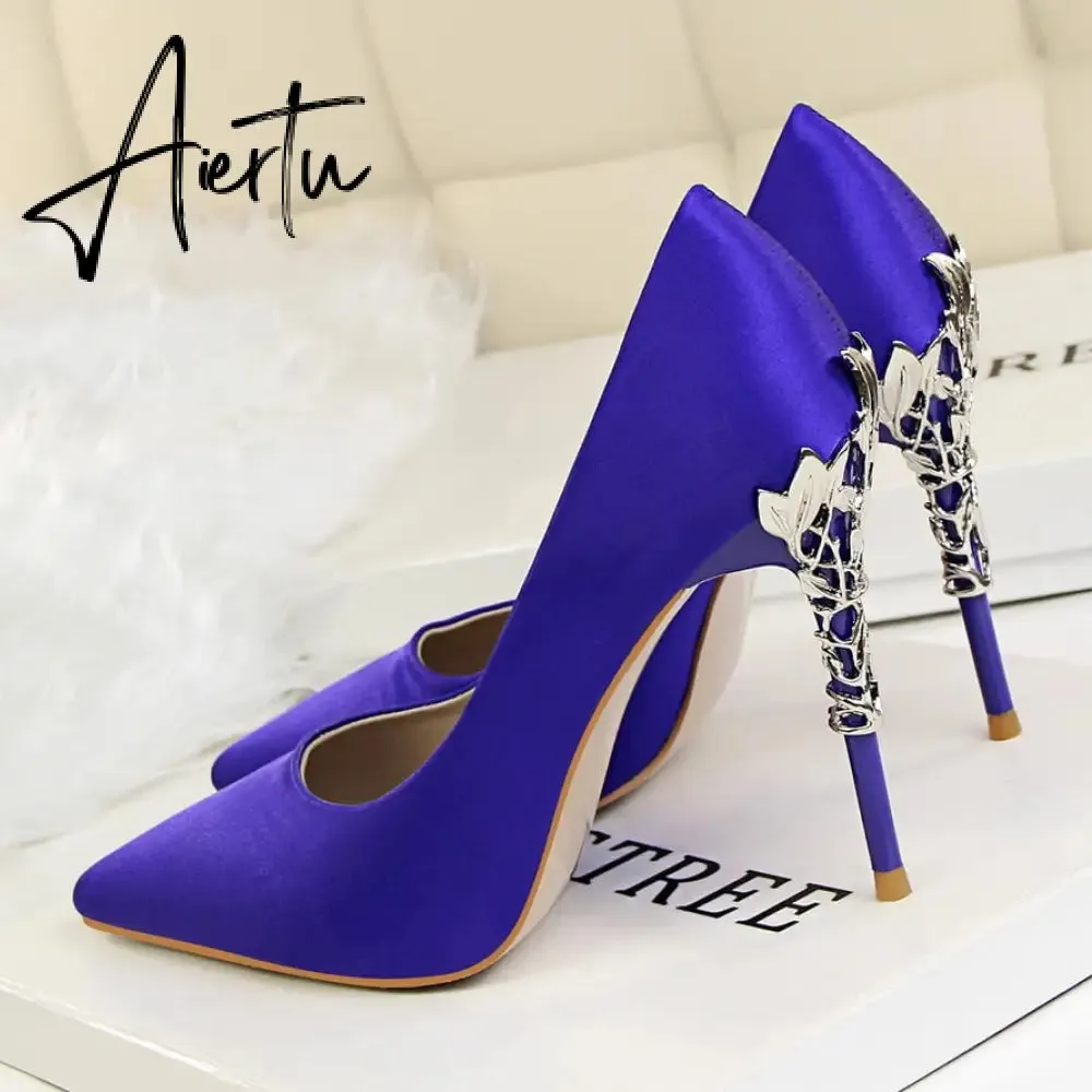 Aiertu  Metal Carved Wedding Bridal High Heels Solid Silk Shoes Pointed Toe Shallow Women Pumps Ladies Elegant High Heels 10cm