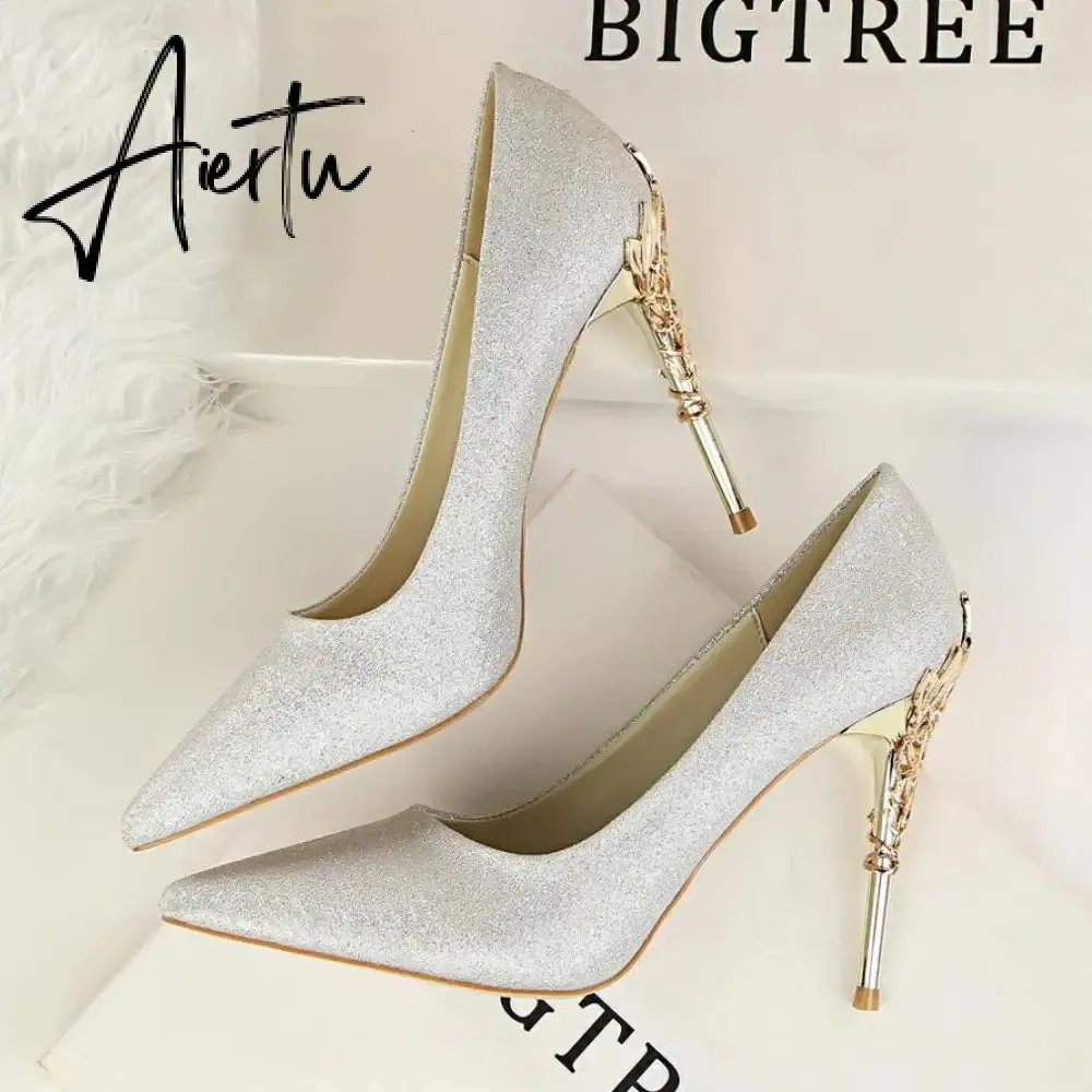 Aiertu  Metal Carved Wedding Bridal High Heels Solid Silk Shoes Pointed Toe Shallow Women Pumps Ladies Elegant High Heels 10cm