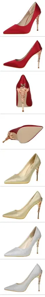 Aiertu  Metal Carved Wedding Bridal High Heels Solid Silk Shoes Pointed Toe Shallow Women Pumps Ladies Elegant High Heels 10cm