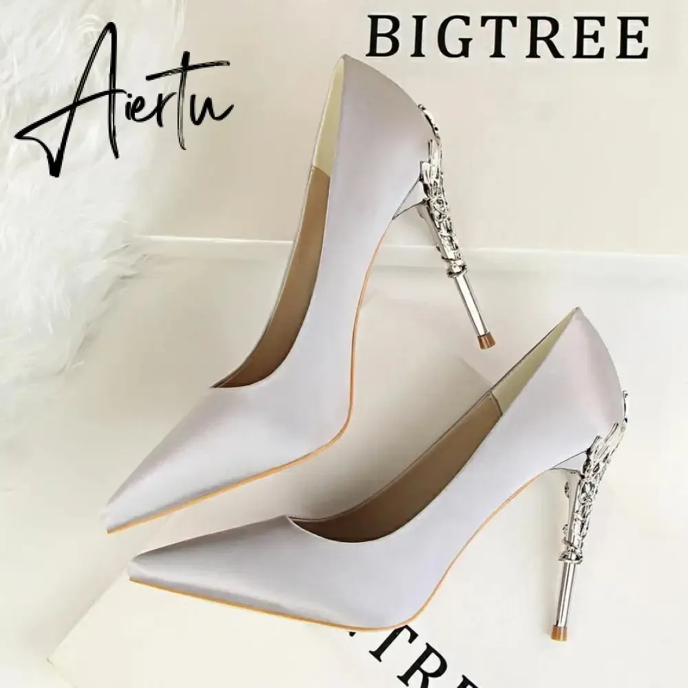 Aiertu  Metal Carved Wedding Bridal High Heels Solid Silk Shoes Pointed Toe Shallow Women Pumps Ladies Elegant High Heels 10cm
