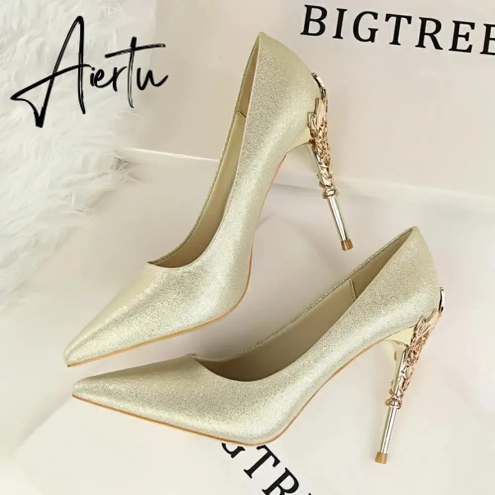 Aiertu  Metal Carved Wedding Bridal High Heels Solid Silk Shoes Pointed Toe Shallow Women Pumps Ladies Elegant High Heels 10cm
