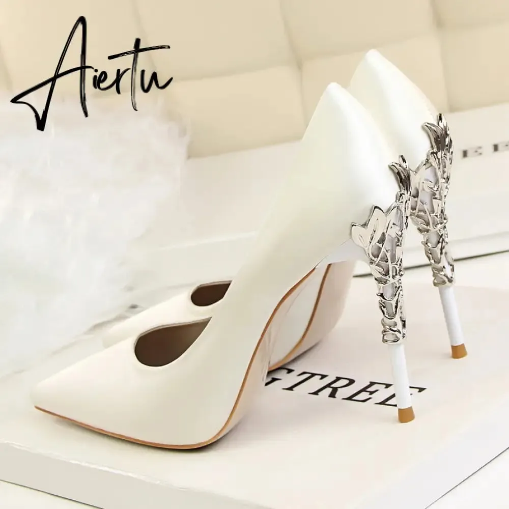 Aiertu  Metal Carved Wedding Bridal High Heels Solid Silk Shoes Pointed Toe Shallow Women Pumps Ladies Elegant High Heels 10cm