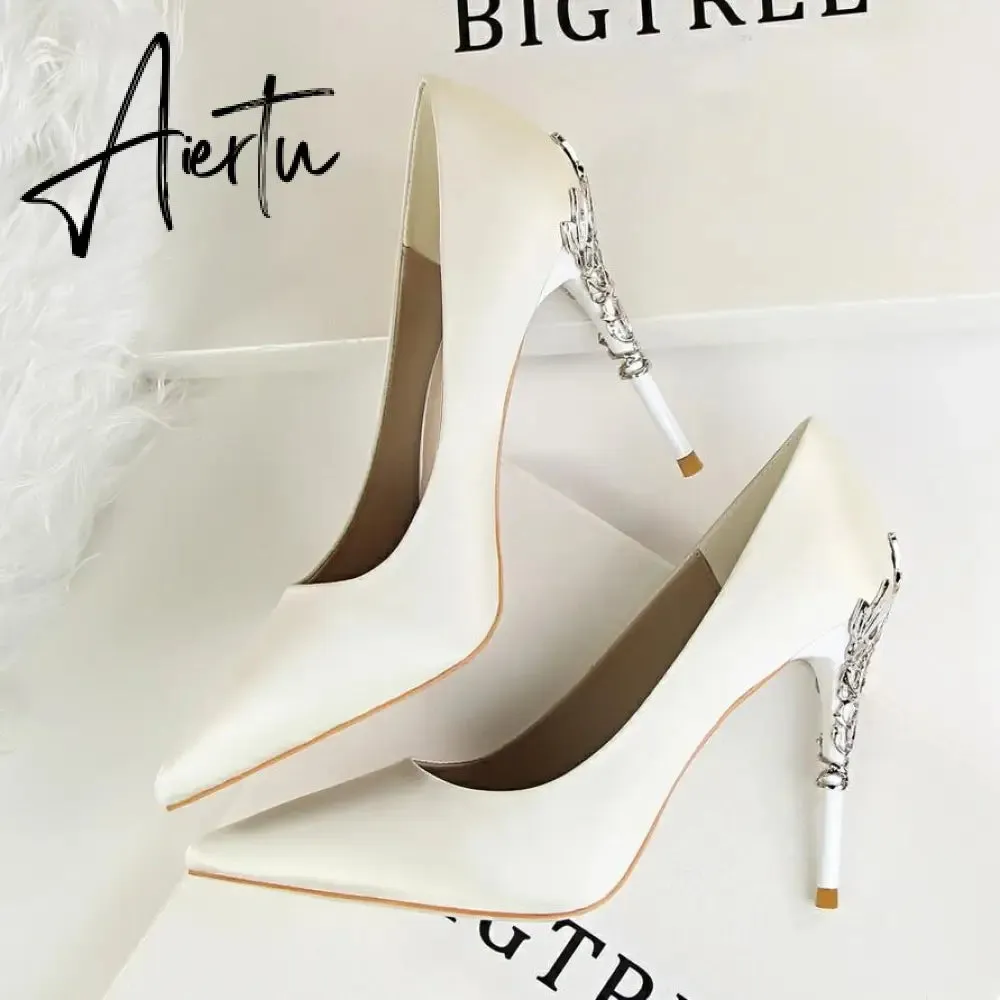 Aiertu  Metal Carved Wedding Bridal High Heels Solid Silk Shoes Pointed Toe Shallow Women Pumps Ladies Elegant High Heels 10cm