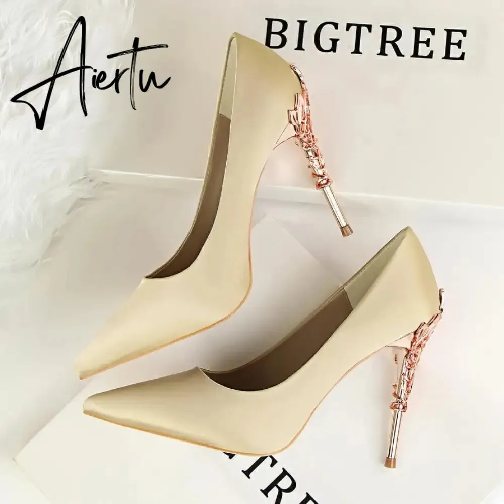 Aiertu  Metal Carved Wedding Bridal High Heels Solid Silk Shoes Pointed Toe Shallow Women Pumps Ladies Elegant High Heels 10cm