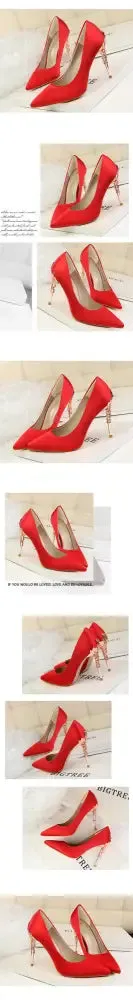 Aiertu  Metal Carved Wedding Bridal High Heels Solid Silk Shoes Pointed Toe Shallow Women Pumps Ladies Elegant High Heels 10cm