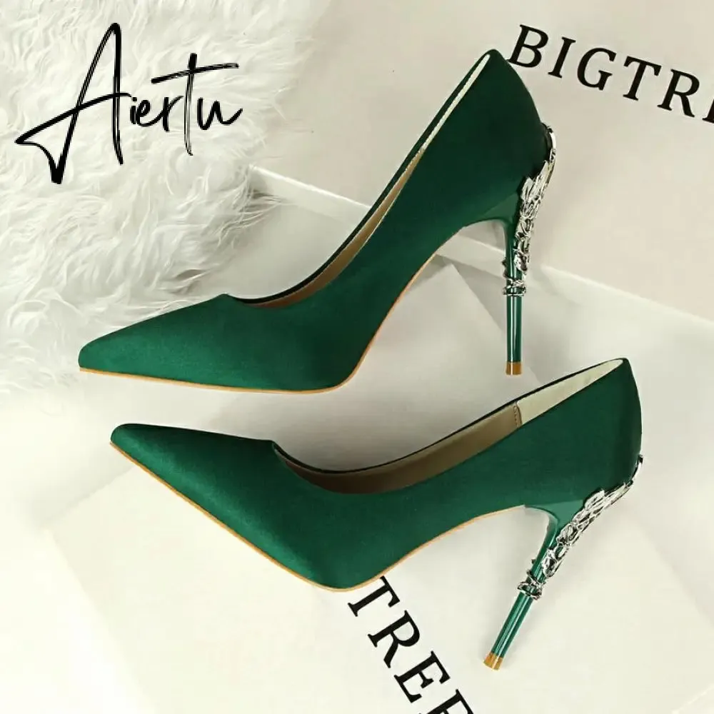 Aiertu  Metal Carved Wedding Bridal High Heels Solid Silk Shoes Pointed Toe Shallow Women Pumps Ladies Elegant High Heels 10cm