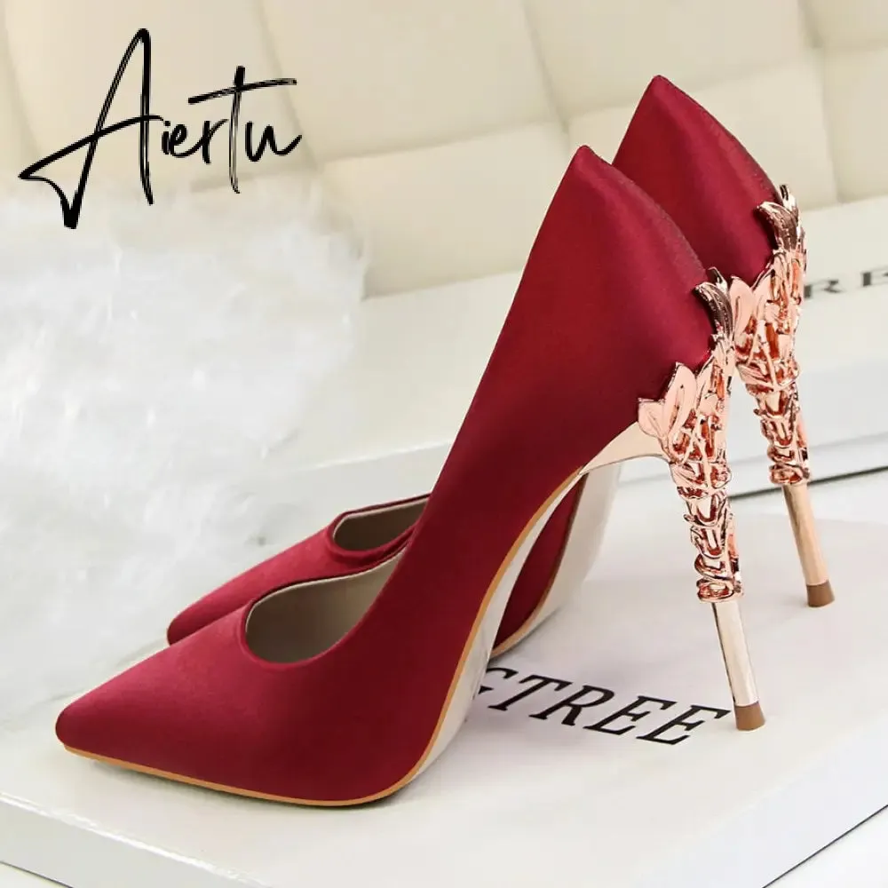 Aiertu  Metal Carved Wedding Bridal High Heels Solid Silk Shoes Pointed Toe Shallow Women Pumps Ladies Elegant High Heels 10cm