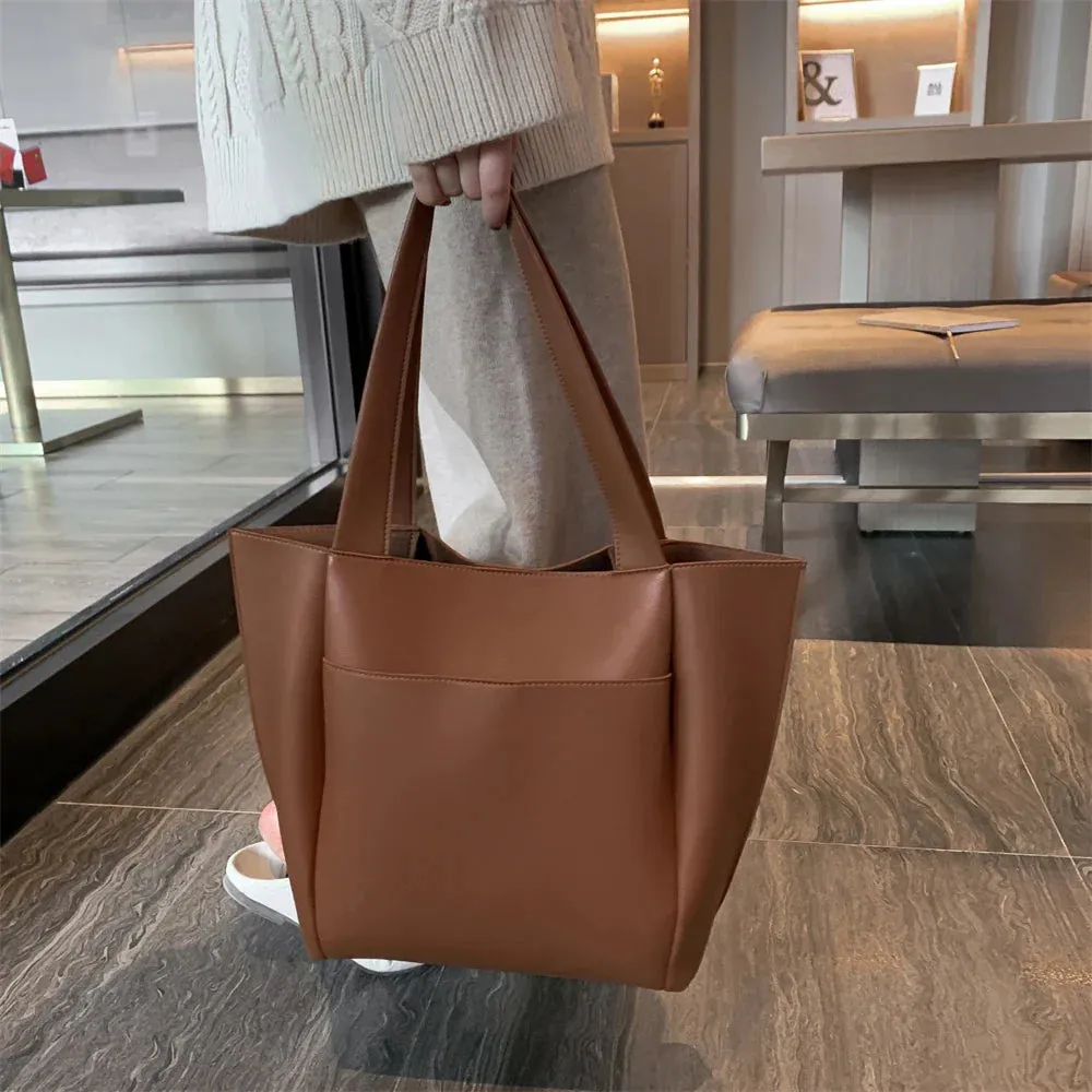 binfenxie  High Quality Soft Leather Woman Casual Tote Shopper Solid Color Handbags Large Capacity Single Shoulder Bag with Outer Pocket