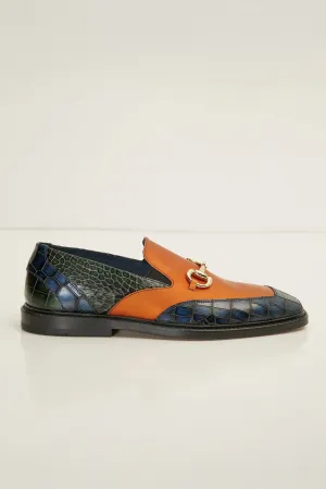 Croc Embossed Leather And Gold Metal Bit Loafer - Navy Orange