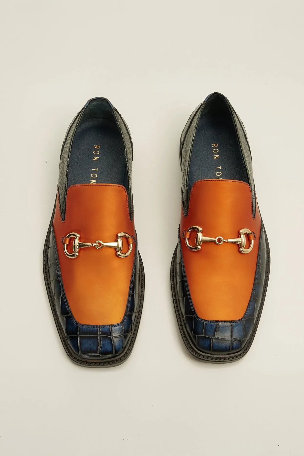Croc Embossed Leather And Gold Metal Bit Loafer - Navy Orange