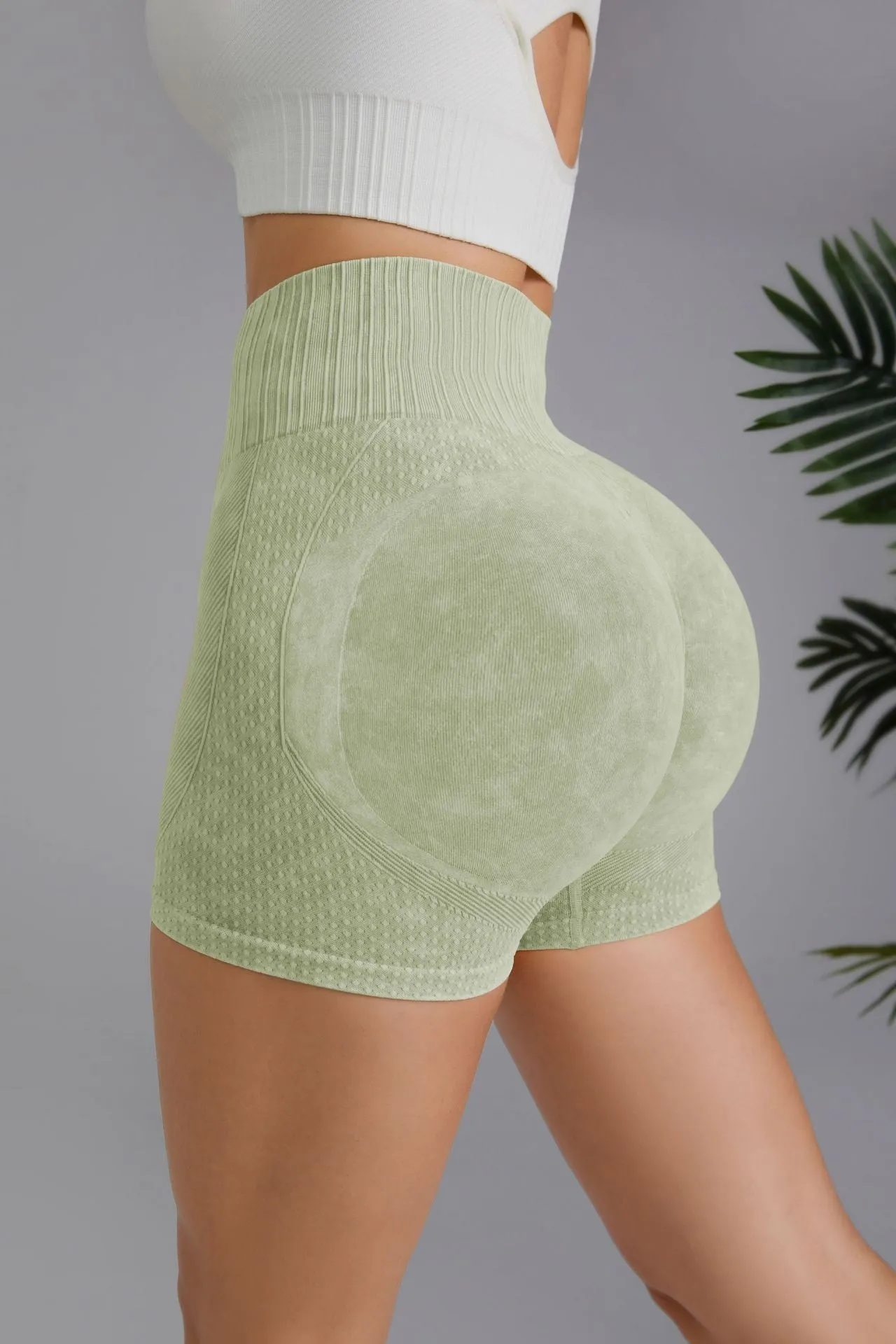 Grass Green Washed High Waist Seamless Shorts