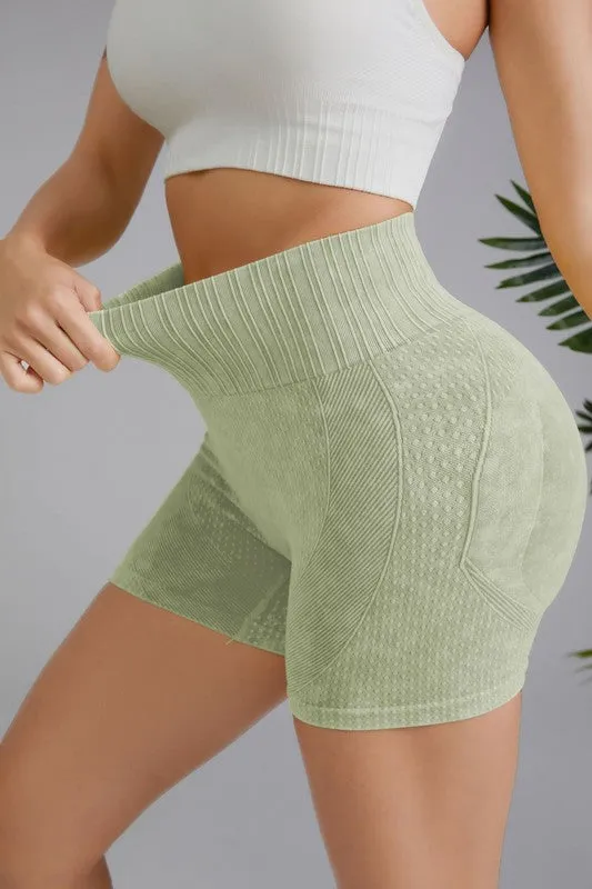 Grass Green Washed High Waist Seamless Shorts
