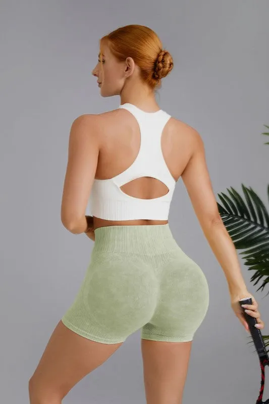 Grass Green Washed High Waist Seamless Shorts