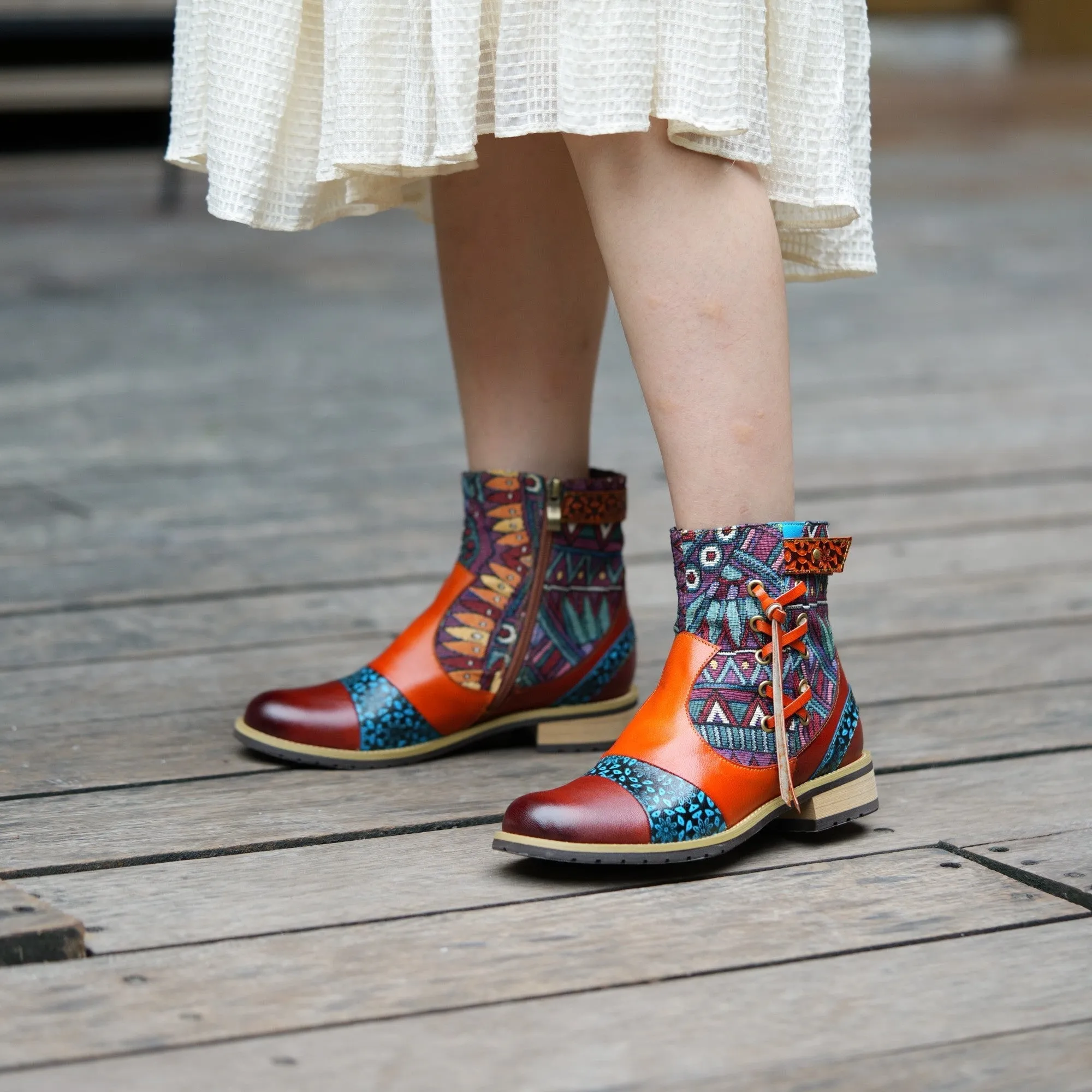 Handmade Leather Ankle Boots For Women Flower Embossed Rubber Bottom Slip-Proof Booties Brown