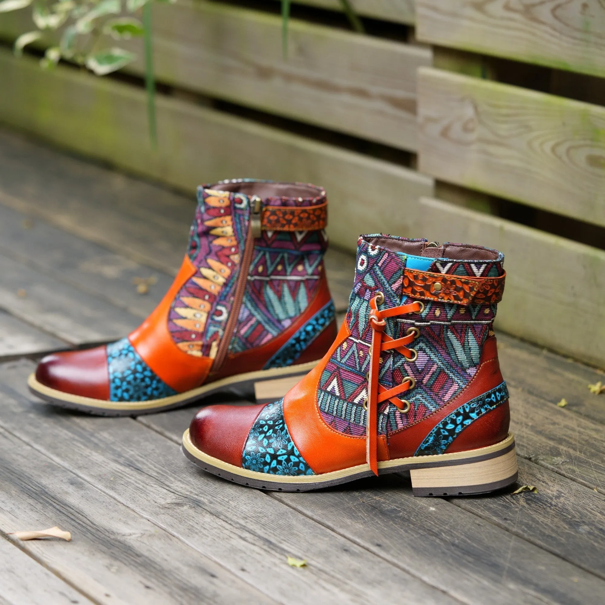 Handmade Leather Ankle Boots For Women Flower Embossed Rubber Bottom Slip-Proof Booties Brown