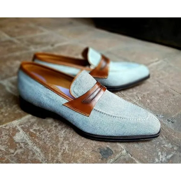 Handmade Men Denim Slip on Moccasin Shoes, Casual Slip on Shoes