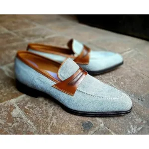 Handmade Men Denim Slip on Moccasin Shoes, Casual Slip on Shoes