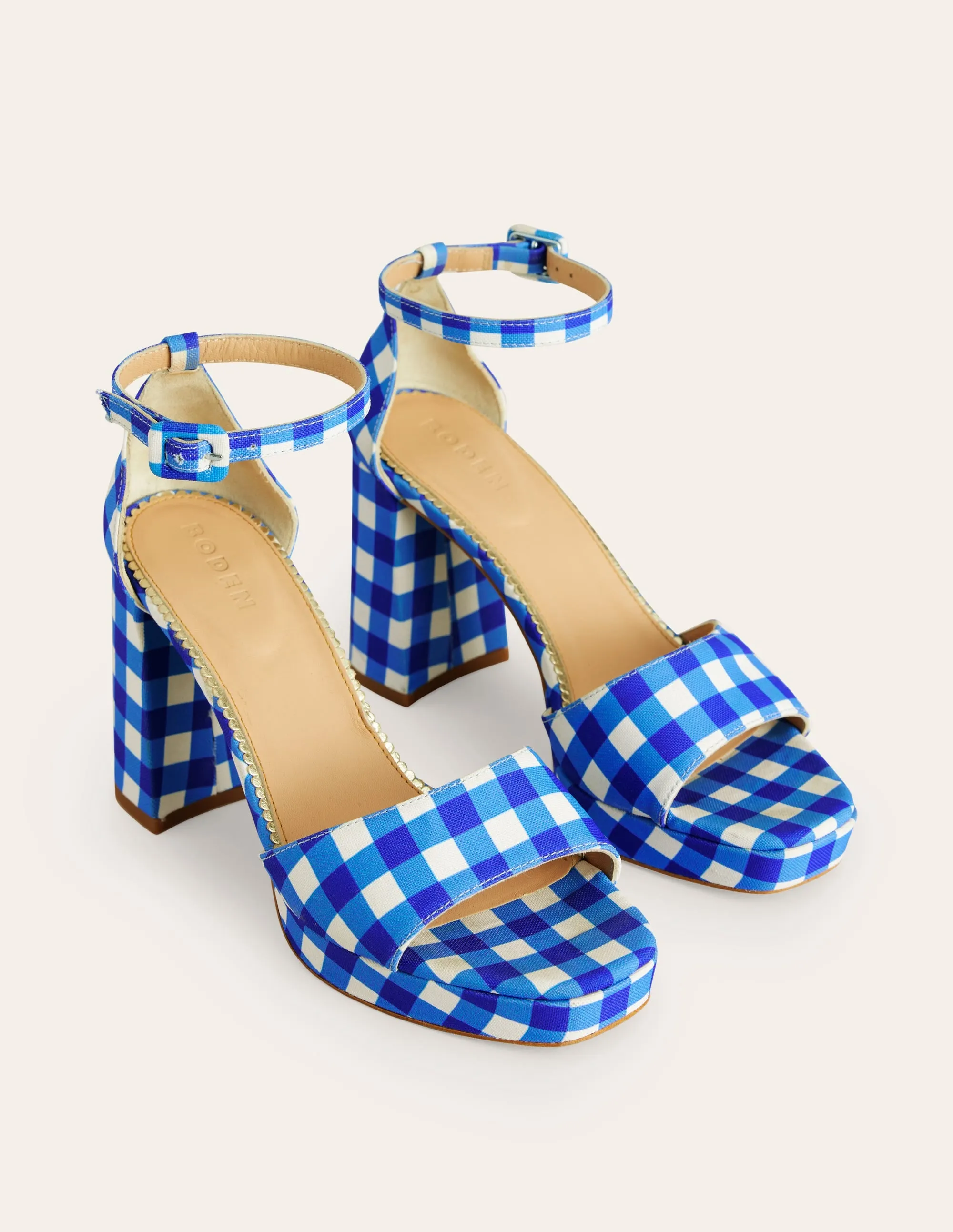 Heeled Platform Sandals-Blue and White Gingham