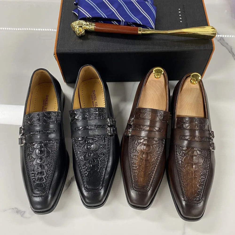 Luxury Mens Casual Shoes Monk Strap Cow Leather Crocodile Print Slip on Loafer Dress Shoes Wedding Party Formal Shoes for Men