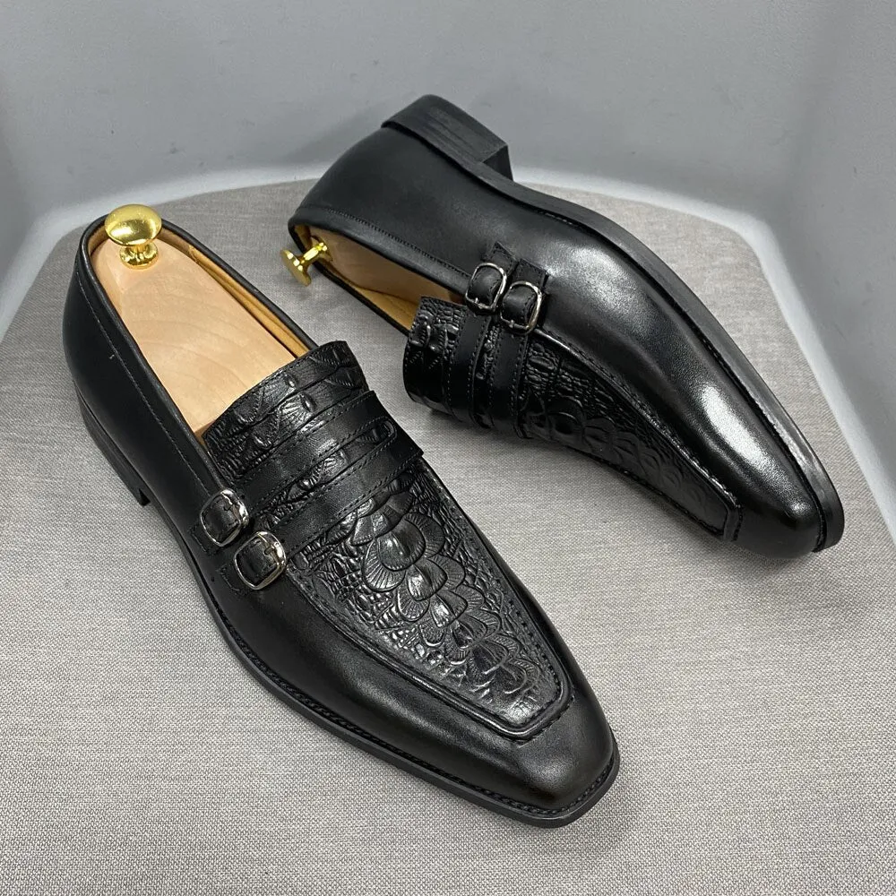 Luxury Mens Casual Shoes Monk Strap Cow Leather Crocodile Print Slip on Loafer Dress Shoes Wedding Party Formal Shoes for Men