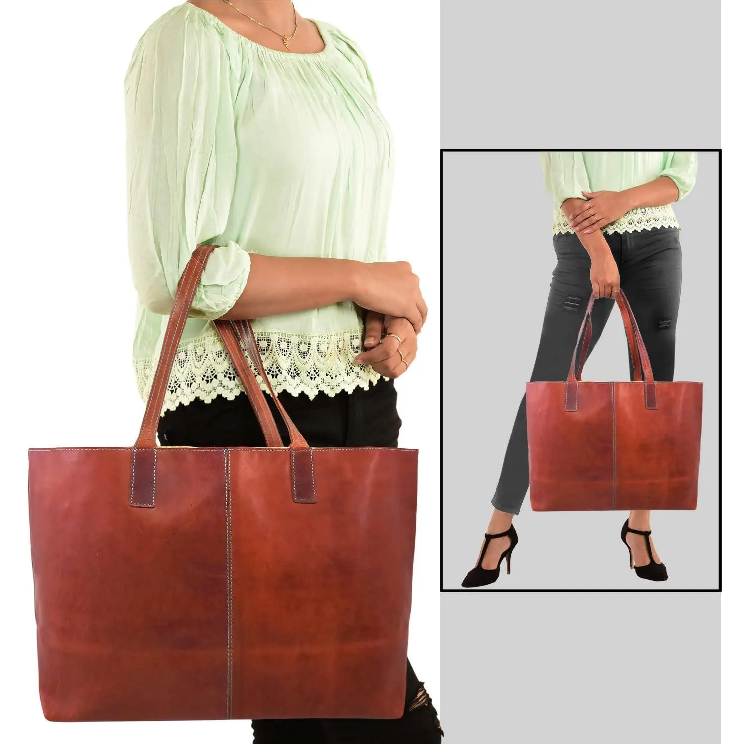 MANDAVA Women's Genuine Leather Tote Bag Travel Handbag for Work Shopping Top Handle Shoulder Big Shopper Bag (Brown)