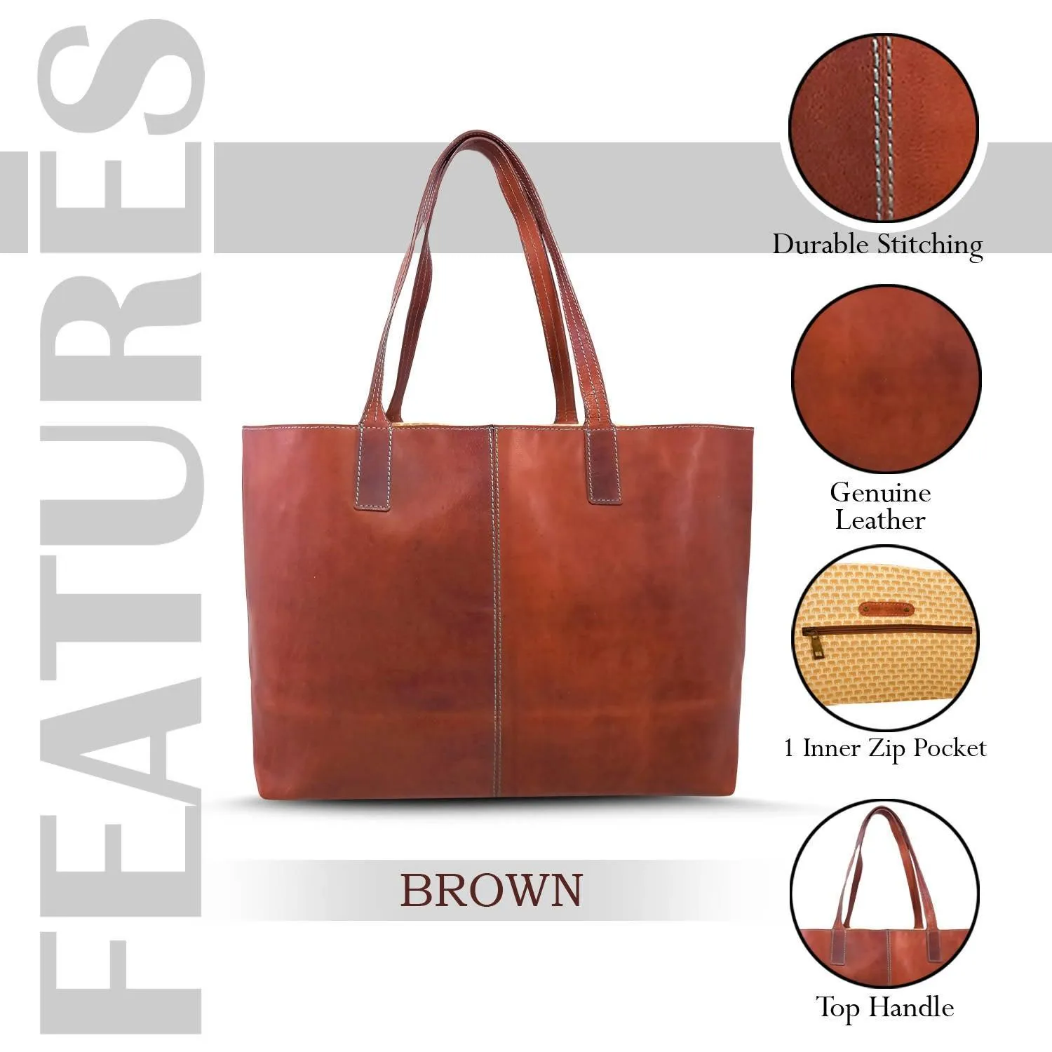 MANDAVA Women's Genuine Leather Tote Bag Travel Handbag for Work Shopping Top Handle Shoulder Big Shopper Bag (Brown)