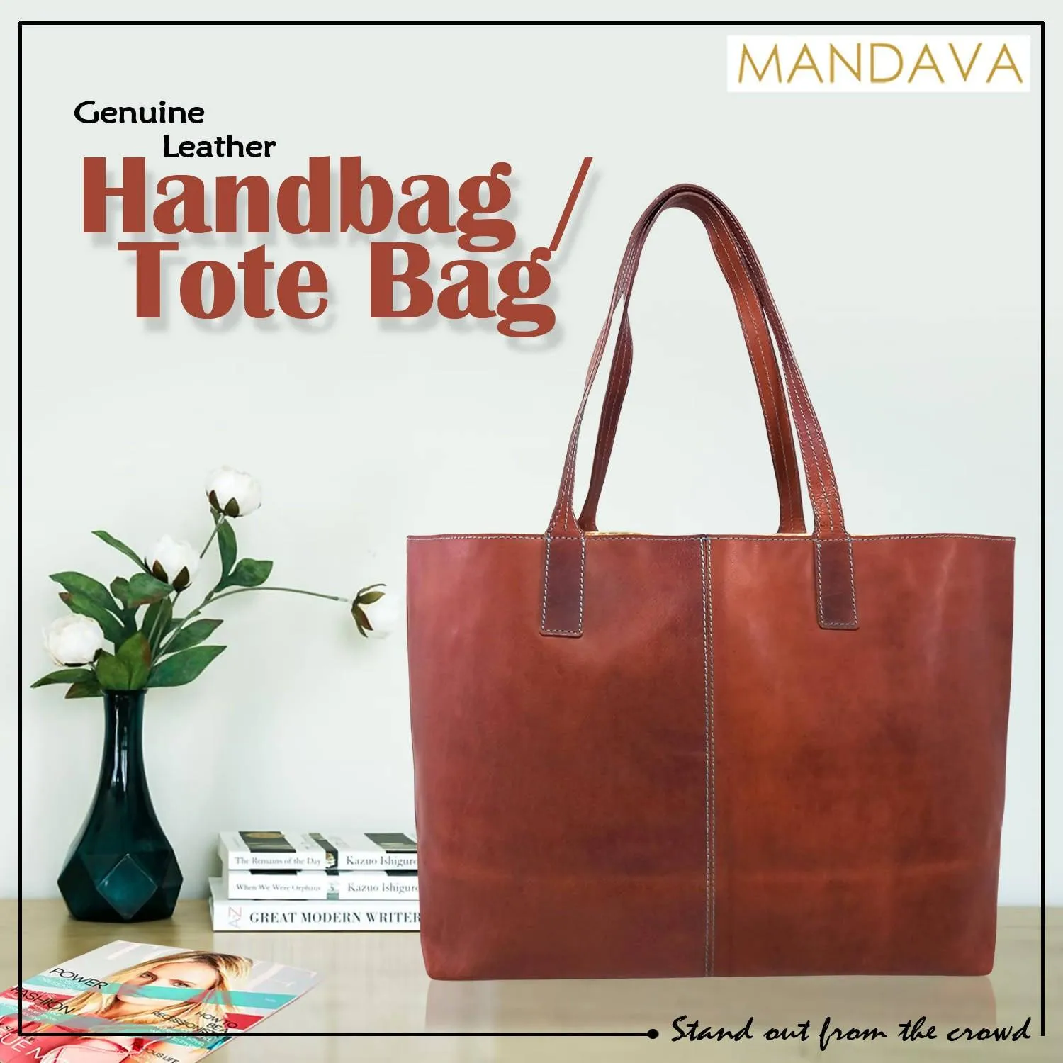 MANDAVA Women's Genuine Leather Tote Bag Travel Handbag for Work Shopping Top Handle Shoulder Big Shopper Bag (Brown)