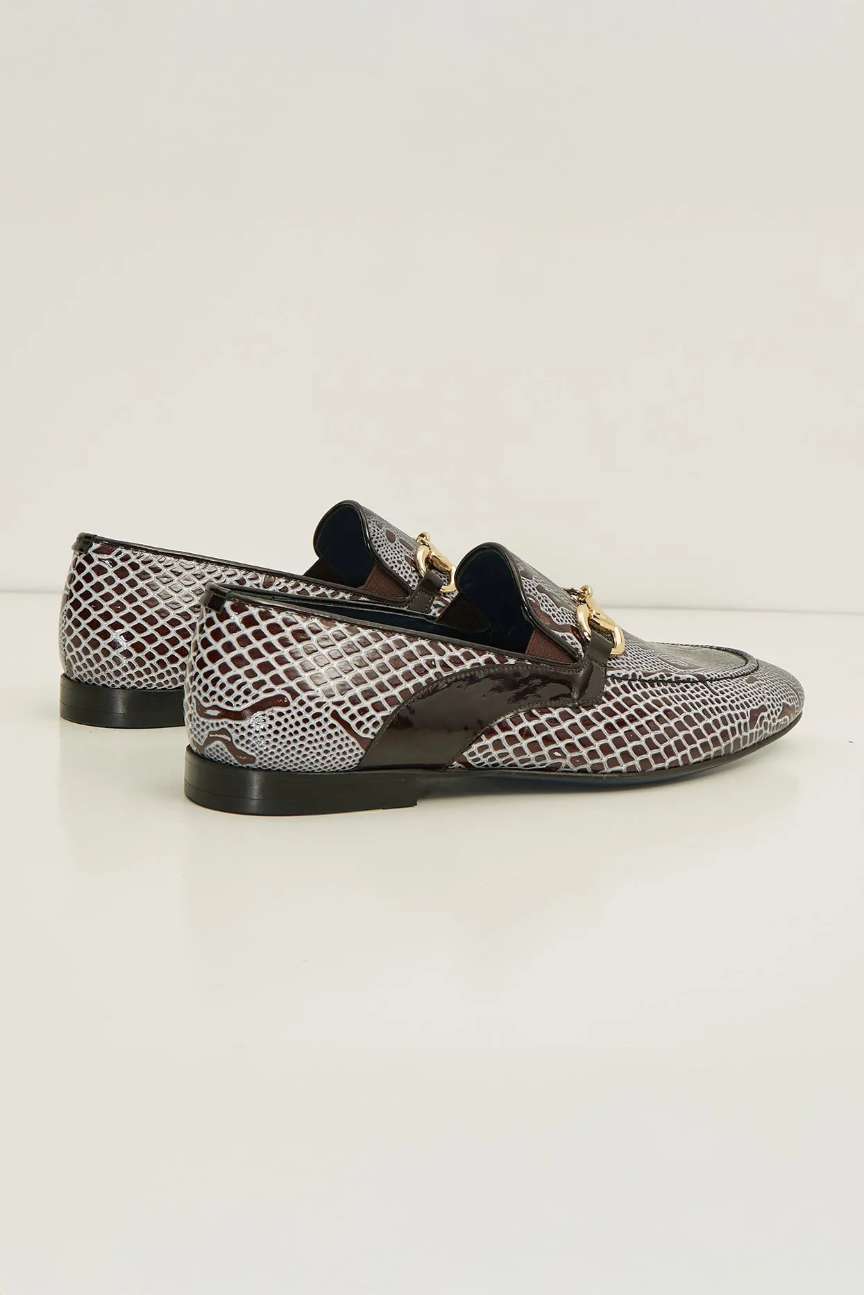 Snake Embossed Leather And Gold Metal Bit Loafer - Brown Beige