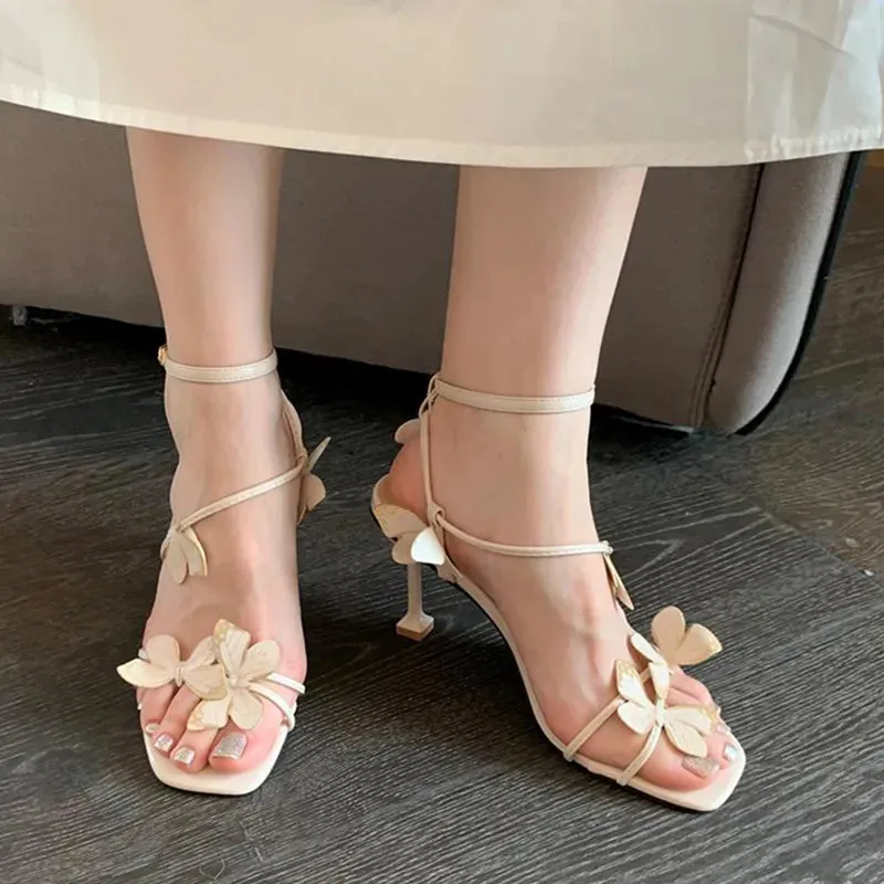Sohiwoo Butterfly Purple High Heeled Sandals Women 2023 Summer Casual Square Toe Sandals Woman Thin Heels Ankle Straps Party Shoes