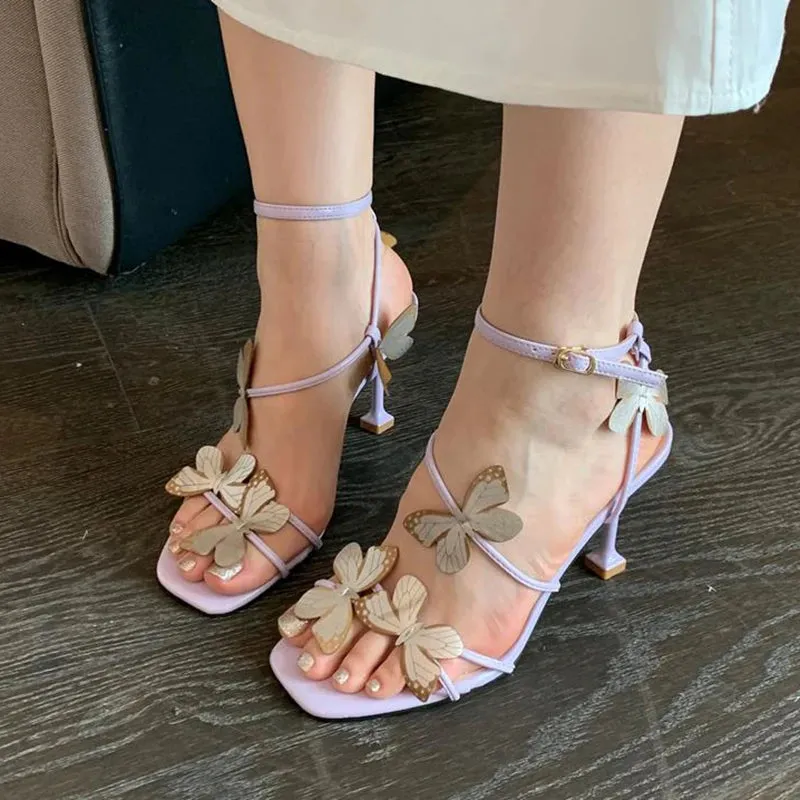 Sohiwoo Butterfly Purple High Heeled Sandals Women 2023 Summer Casual Square Toe Sandals Woman Thin Heels Ankle Straps Party Shoes