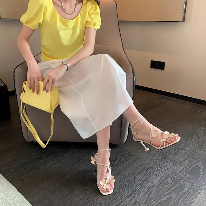 Sohiwoo Butterfly Purple High Heeled Sandals Women 2023 Summer Casual Square Toe Sandals Woman Thin Heels Ankle Straps Party Shoes