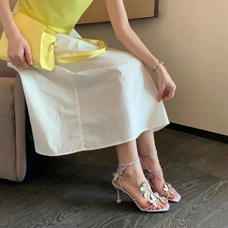 Sohiwoo Butterfly Purple High Heeled Sandals Women 2023 Summer Casual Square Toe Sandals Woman Thin Heels Ankle Straps Party Shoes