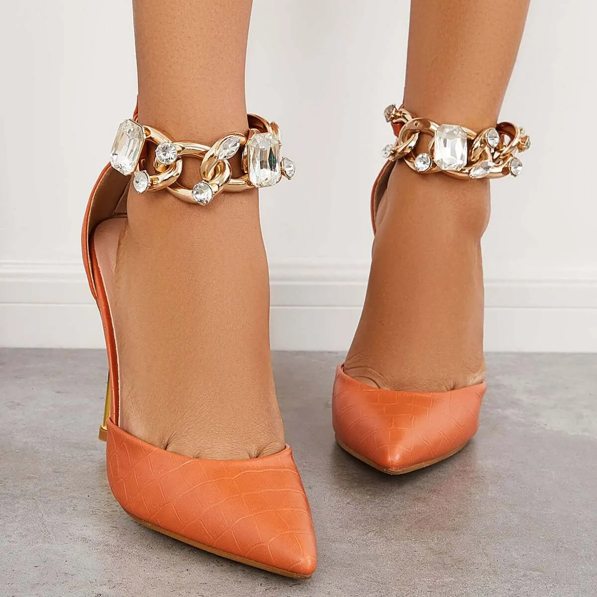 Sohiwoo  Women Pointed Toe Stilettos High Heels Rhinestone Ankle Strap Pumps