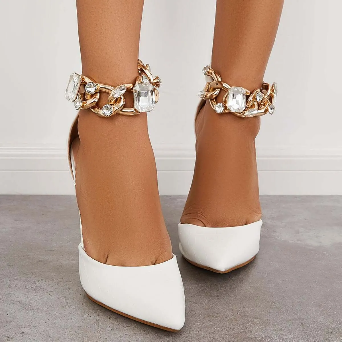 Sohiwoo  Women Pointed Toe Stilettos High Heels Rhinestone Ankle Strap Pumps
