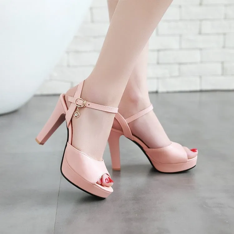 Women's Solid Color Peep Toe Ankle Strap High Heel Platform Sandals