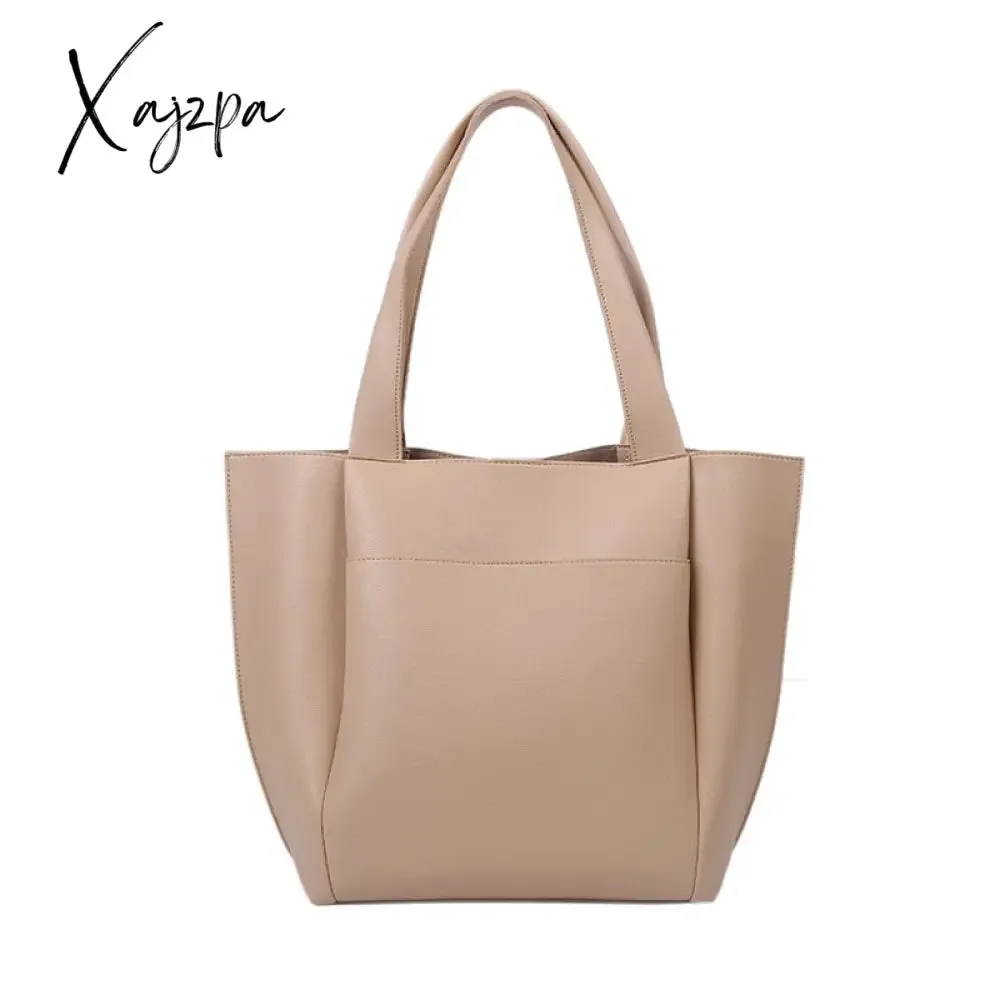Xajzpa - High Quality Soft Leather Woman Casual Tote Shopper Solid Color Handbags Large Capacity Single Shoulder Bag with Outer Pocket