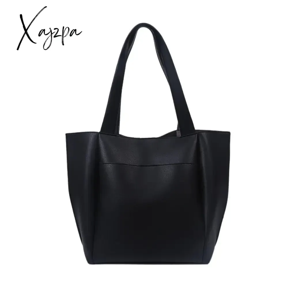 Xajzpa - High Quality Soft Leather Woman Casual Tote Shopper Solid Color Handbags Large Capacity Single Shoulder Bag with Outer Pocket