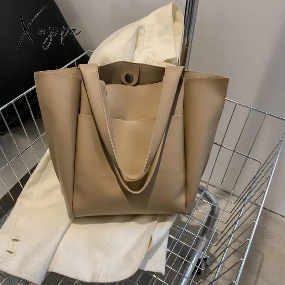 Xajzpa - High Quality Soft Leather Woman Casual Tote Shopper Solid Color Handbags Large Capacity Single Shoulder Bag with Outer Pocket
