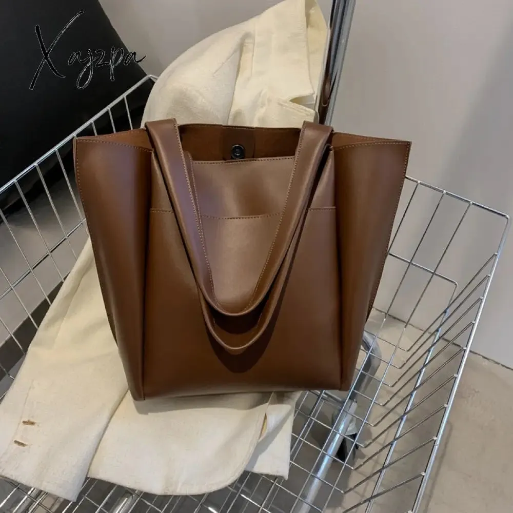 Xajzpa - High Quality Soft Leather Woman Casual Tote Shopper Solid Color Handbags Large Capacity Single Shoulder Bag with Outer Pocket