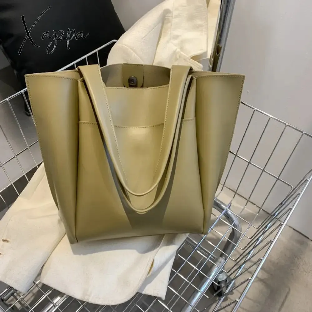 Xajzpa - High Quality Soft Leather Woman Casual Tote Shopper Solid Color Handbags Large Capacity Single Shoulder Bag with Outer Pocket