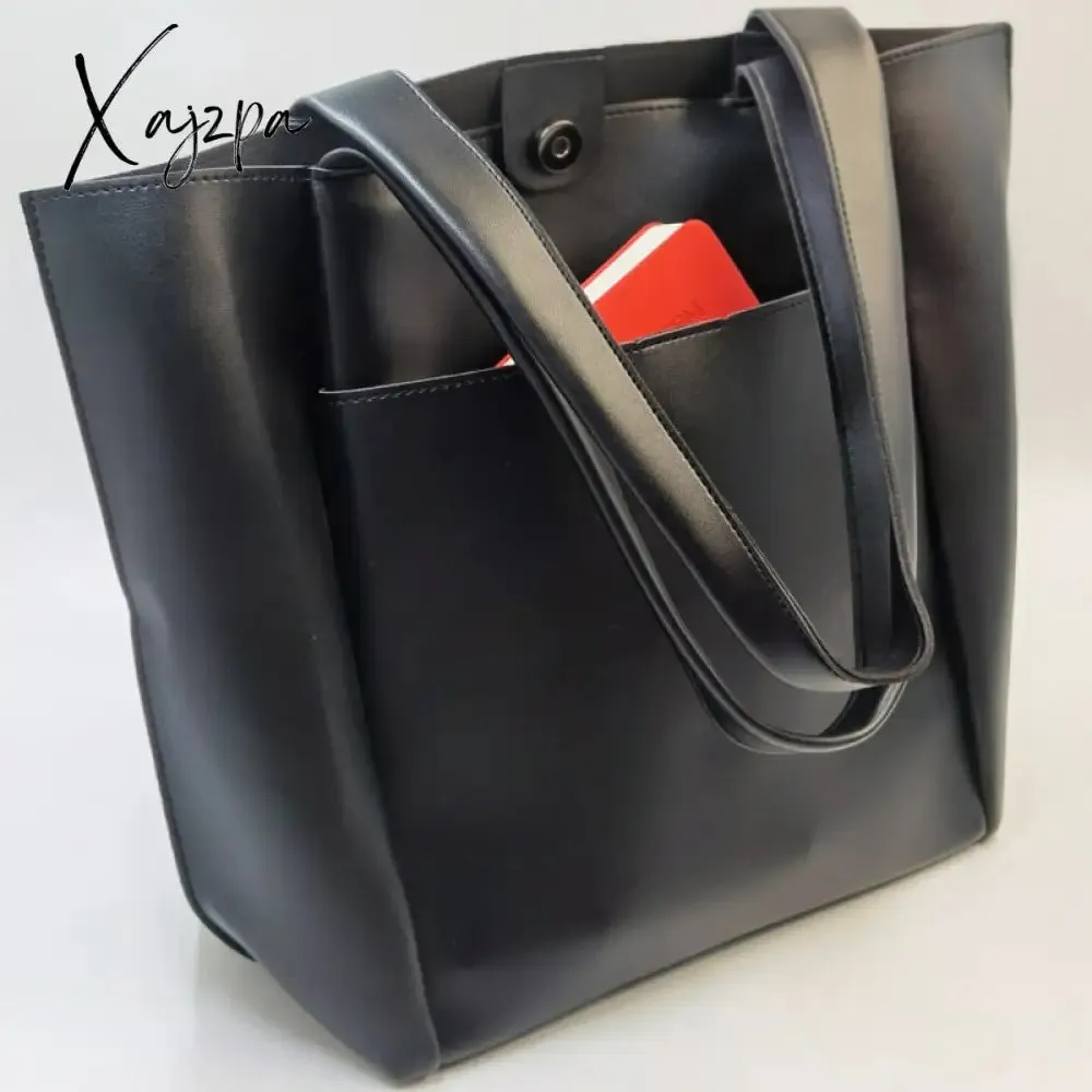 Xajzpa - High Quality Soft Leather Woman Casual Tote Shopper Solid Color Handbags Large Capacity Single Shoulder Bag with Outer Pocket