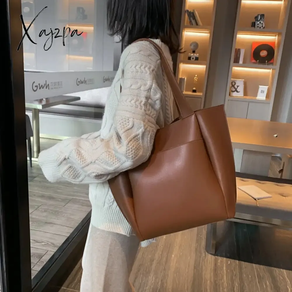 Xajzpa - High Quality Soft Leather Woman Casual Tote Shopper Solid Color Handbags Large Capacity Single Shoulder Bag with Outer Pocket