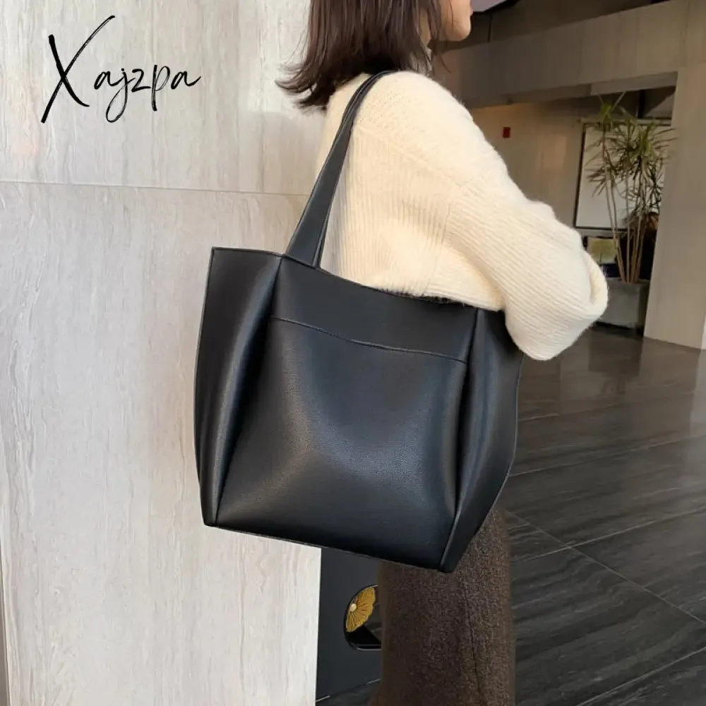 Xajzpa - High Quality Soft Leather Woman Casual Tote Shopper Solid Color Handbags Large Capacity Single Shoulder Bag with Outer Pocket
