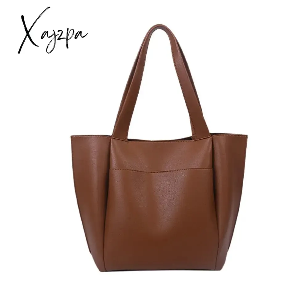 Xajzpa - High Quality Soft Leather Woman Casual Tote Shopper Solid Color Handbags Large Capacity Single Shoulder Bag with Outer Pocket