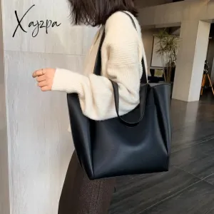 Xajzpa - High Quality Soft Leather Woman Casual Tote Shopper Solid Color Handbags Large Capacity Single Shoulder Bag with Outer Pocket