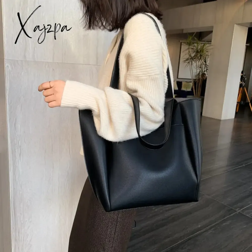 Xajzpa - High Quality Soft Leather Woman Casual Tote Shopper Solid Color Handbags Large Capacity Single Shoulder Bag with Outer Pocket